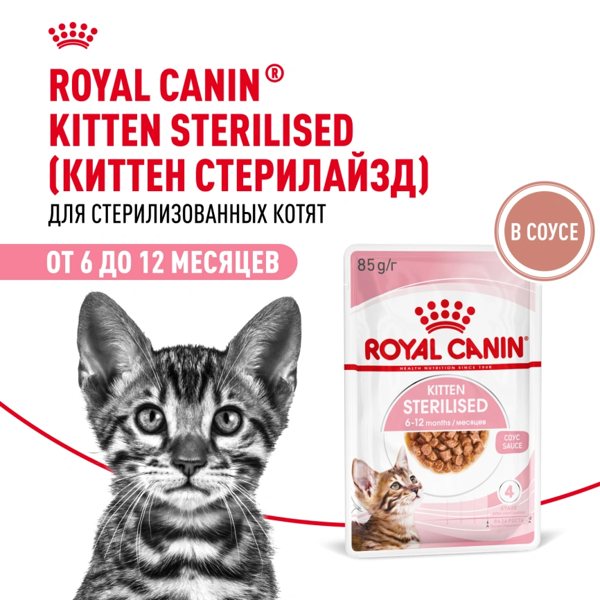 Влажный корм Royal Canin Kitten Sterilised в соусе для стерилизованных котят до 12 месяцев, пауч, 85 г фото 13