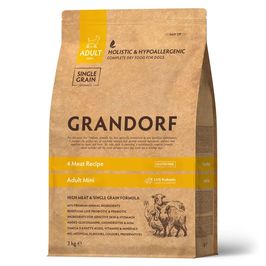 Сухой корм Grandorf 4 Meat Probiotic Mini Четыре вида мяса для взрослых собак мелких пород, 3 кг фото 1