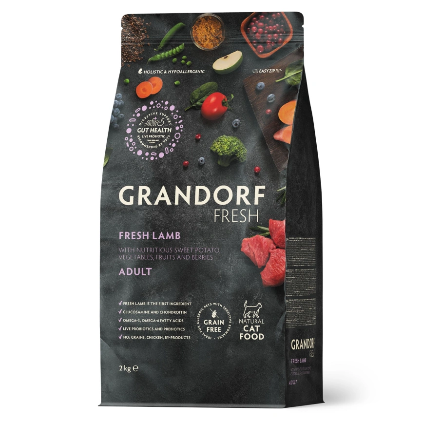Сухой корм Grandorf Fresh Cat для взрослых кошек чувствительное пищеварение или склонность к аллергии ягненок с бататом 2 кг фото 1
