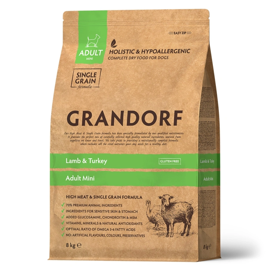 Сухой корм Grandorf Lamb & Turkey Mini для взрослых собак мелких пород, 8 к фото 1