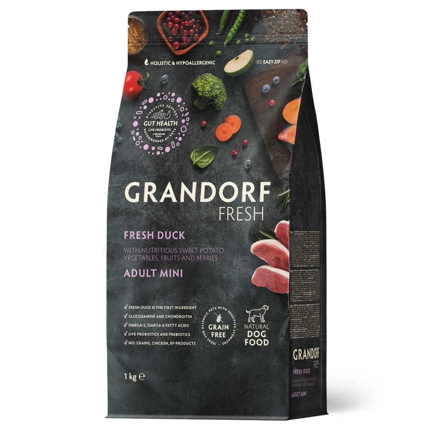 Сухой корм Grandorf Fresh Dog для взрослых собак мелких пород диетическая формула для особо аллергичных собак утка с бататом 1 кг фото 1