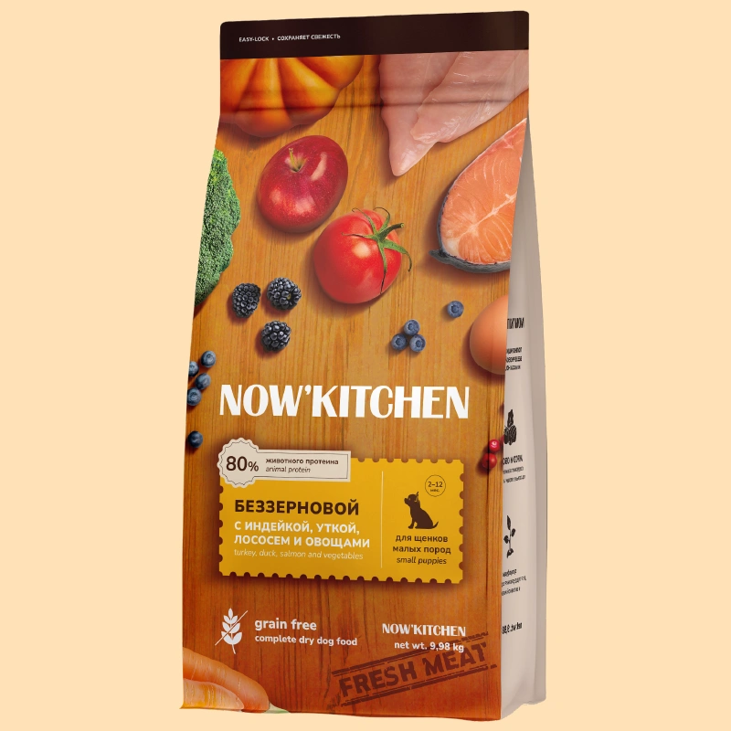 Сухой корм NOW'KITCHEN для щенков малых пород с индейкой, уткой, лососем и овощами, 9.98 кг фото 1