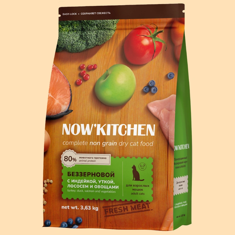 Сухой корм NOW'KITCHEN Fresh Adult для взрослых кошек со свежей индейкой,уткой,лососем и овощами, 3.63 кг фото 1
