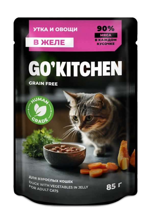 Влажный корм GO'KITCHEN для взрослых кошек с уткой и овощами в желе, 85 г фото 1