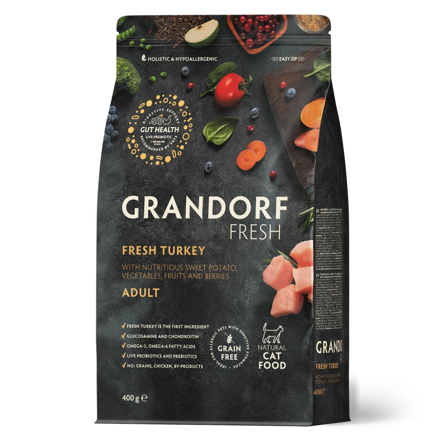 Сухой корм Grandorf Fresh Cat для взрослых кошек диетическая формула для особо аллергичных кошек индейка с бататом 400 г фото 1