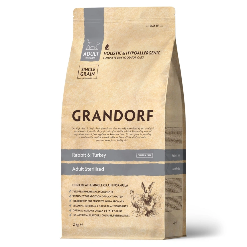 Сухой корм Grandorf Rabbit & Turkey Sterilised для стерилизованных кошек, 2 кг фото 1