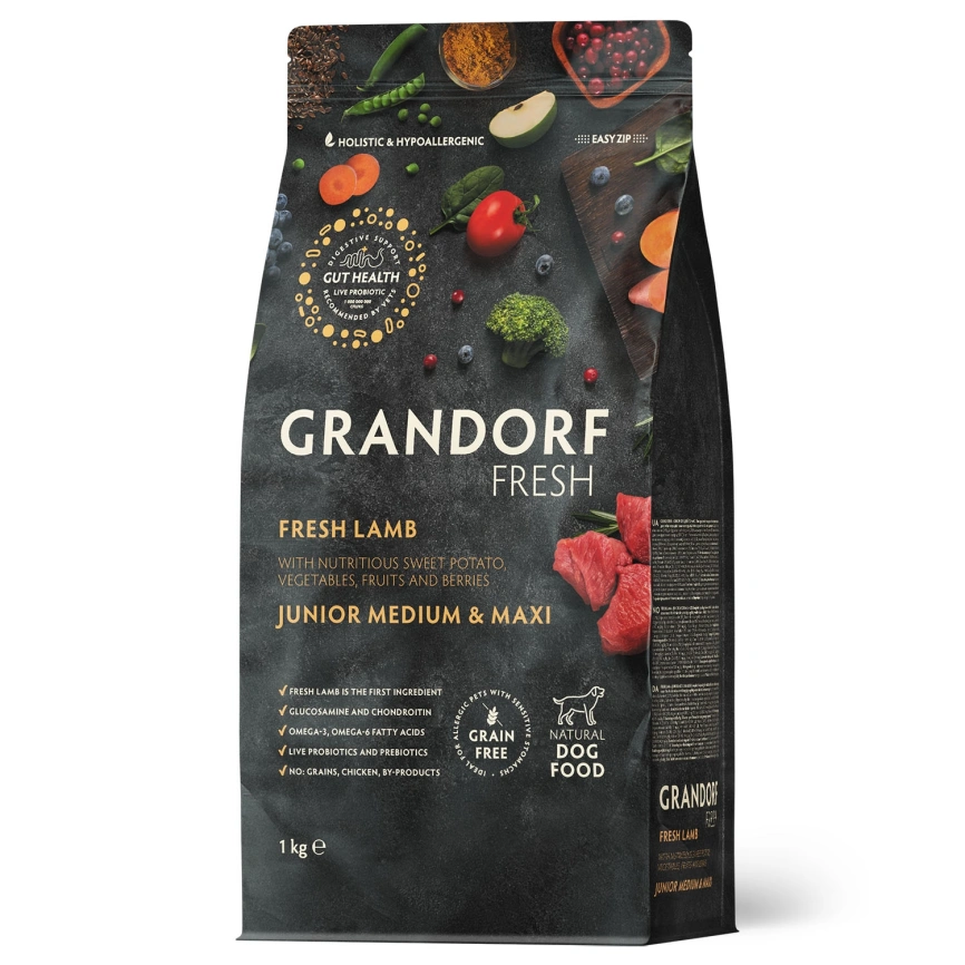 Сухой корм Grandorf Fresh Dog для взрослых собак средних и крупных пород чувствительное пищеварение и гипоаллергенный ягненок с бататом 1 кг фото 1
