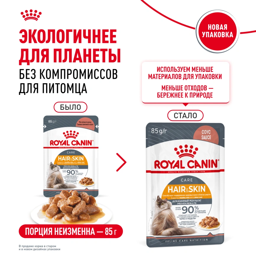 Влажный корм Royal Canin Hair & Skin Care в соусе для взрослых кошек старше 1 года, пауч, 85 г фото 10