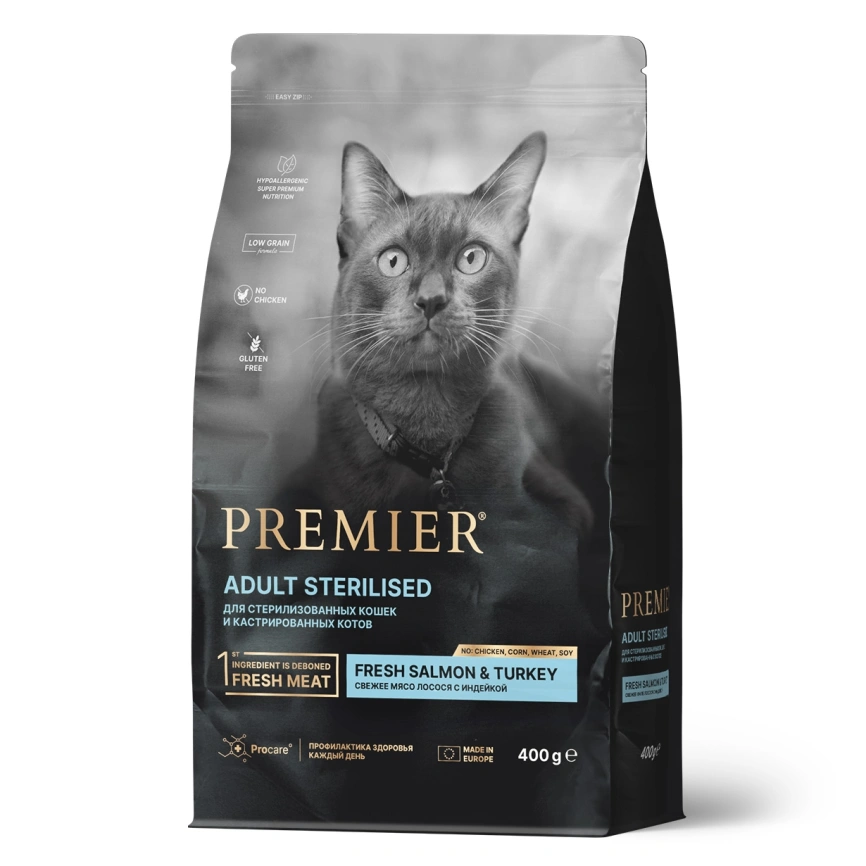 Сухой корм Premier Cat Salmon & Turkey Sterilised для стерилизованных кошек, 400 г фото 1