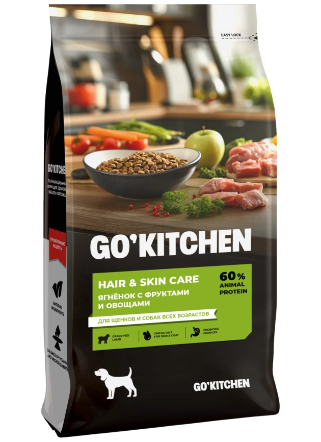 Сухой корм GO'KITCHEN для щенков и собак всех возрастов, Hair & Skin Care со свежим ягненком, фруктами и овощами, 18 кг фото 1