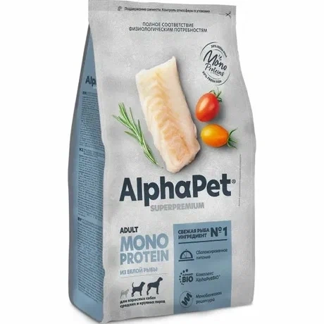 Сухой корм ALPHAPET Superpremium Monoprotein White Fish для взрослых собак средних и крупных пород, с белой рыбой, 12 кг фото 1