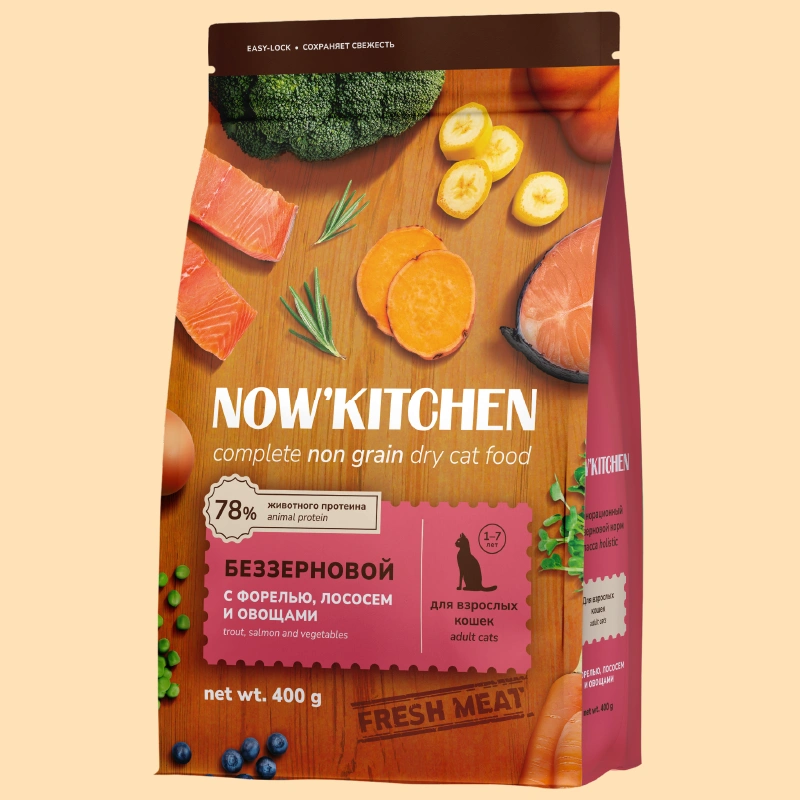 Сухой корм NOW'KITCHEN Fresh Adult для взрослых кошек со свежей форелью, лососем и овощами, 400 г фото 1