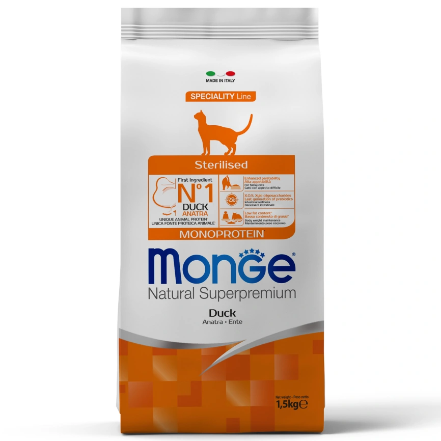 Сухой корм Monge Cat Speciality Line Monoprotein Sterilised Duck для стерилизованных кошек с уткой, 1,5 кг фото 1