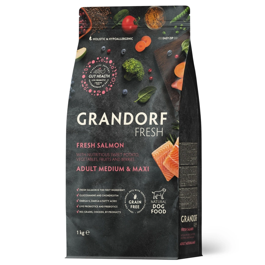 Сухой корм Grandorf Fresh Dog для взрослых собак средних и крупных пород для здоровья кожи и шерсти лосось с бататом 1 кг фото 1