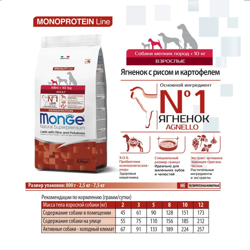 Сухой корм Monge Dog Speciality Line Monoprotein Mini Lamb &amp;amp; Rice &amp;amp; Potato для взрослых собак мелких пород с мясом ягненка, рисом и картофелем, 2,5 кг фото 5