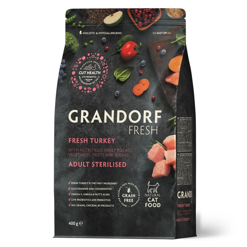 Сухой корм Grandorf Fresh Cat для стерилизованных кошек диетическая формула для особо аллергичных кошек индейка с бататом 400 г фото 1