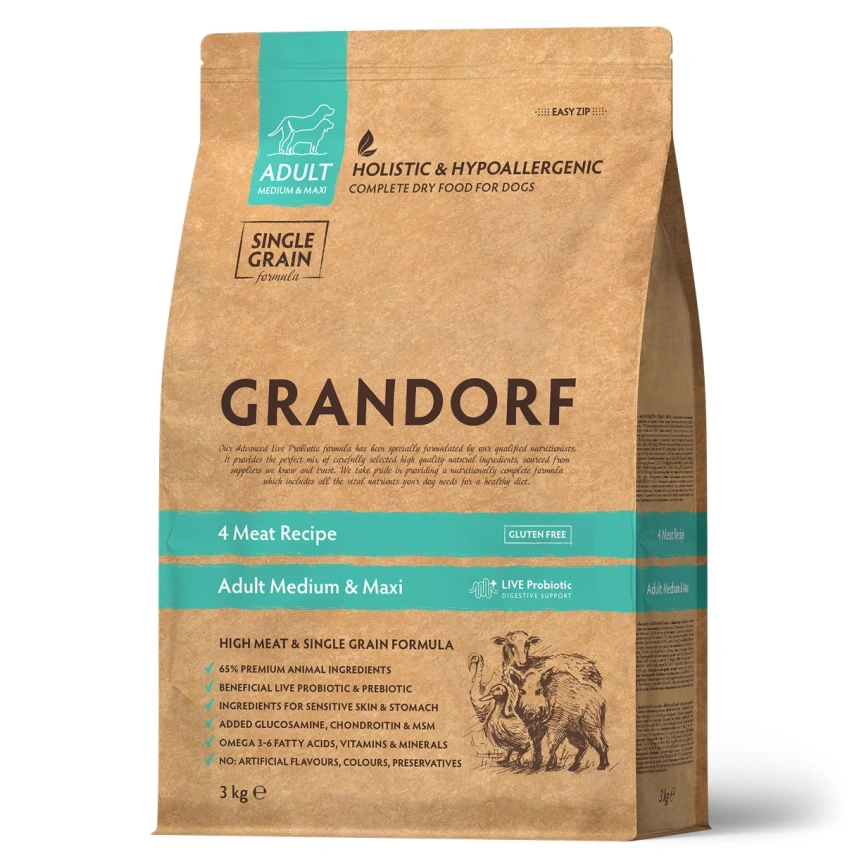 Сухой корм Grandorf 4 Meat Probiotic Med & Maxi Четыре вида мяса для взрослых собак средних и крупных пород, 10 кг фото 1