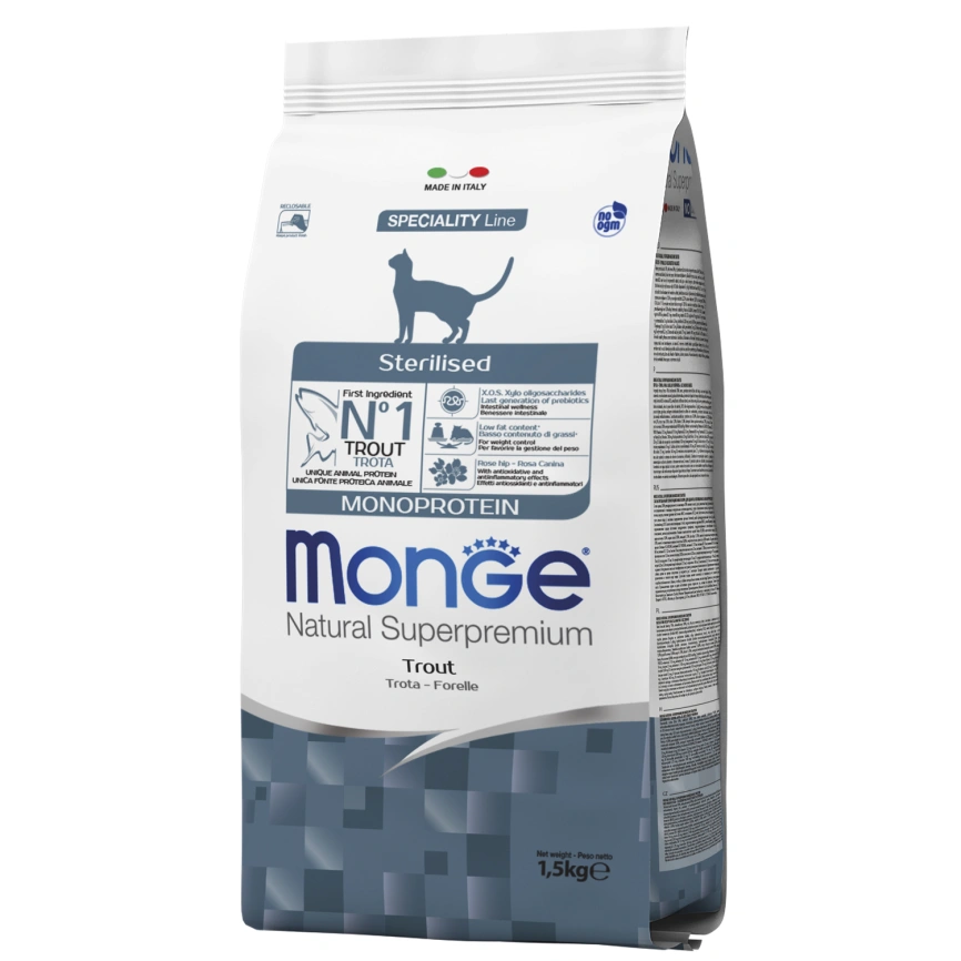 Сухой корм Monge Cat Speciality Line Monoprotein Sterilised Trout для стерилизованных кошек с форелью, 1,5 кг фото 2