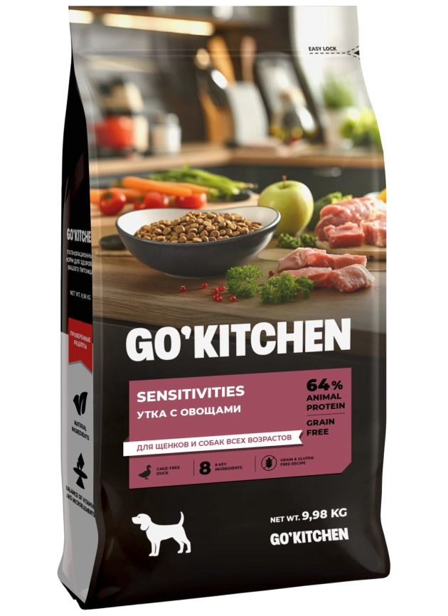 Сухой корм GO'KITCHEN для щенков и собак всех возрастов для чувствительного пищеварения с уткой, 9.98 кг фото 2