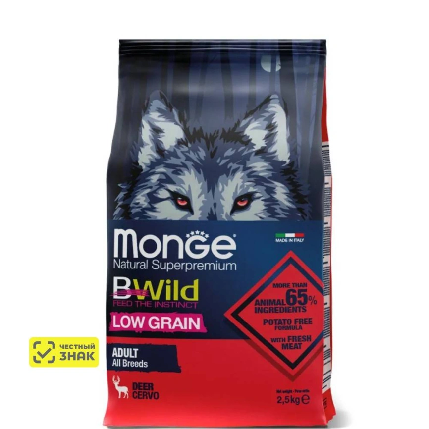 Сухой корм Monge Dog BWild LOW GRAIN Puppy &amp;amp; Junior Venison для щенков с олениной, 2,5 кг фото 1