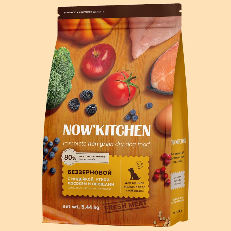 Сухой корм NOW'KITCHEN для щенков малых пород с индейкой, уткой, лососем и овощами, 5.44 кг фото 1