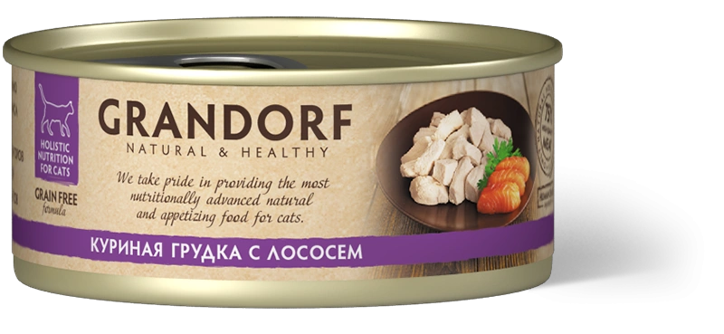 Влажный корм консервы Grandorf Chicken with salmon in broth Куриная грудка с лососем в бульоне, 70 г фото 1