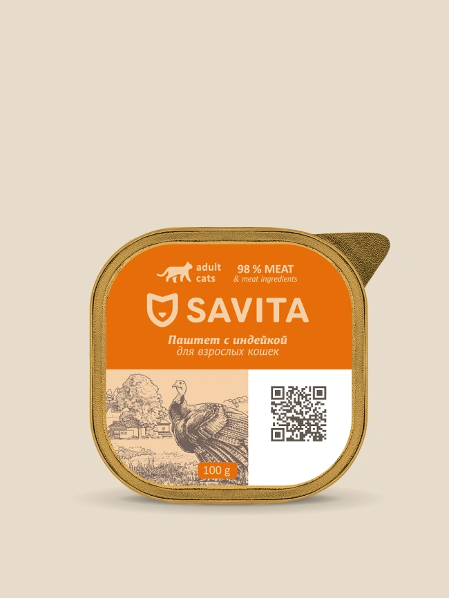 Влажный корм SAVITA паштет для кошек со свежей индейкой, 100 г фото 1