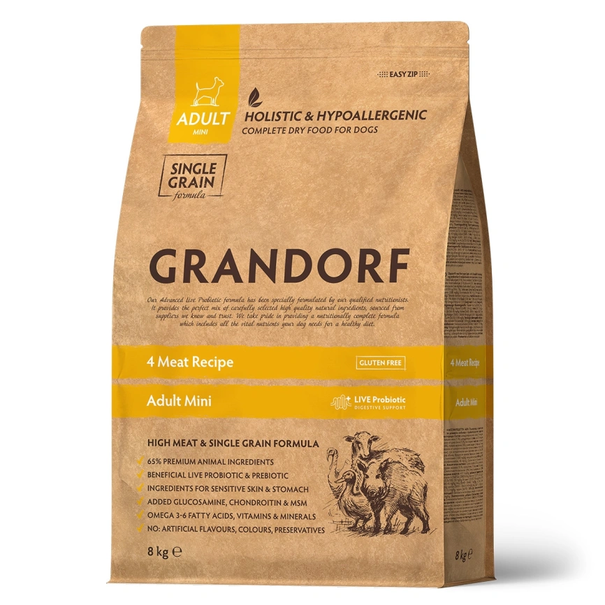 Сухой корм Grandorf 4 Meat Probiotic Mini Четыре вида мяса для взрослых собак мелких пород, 8 кг фото 1