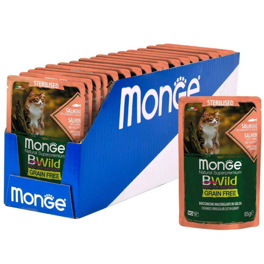 Влажный корм Monge Cat BWild GRAIN FREE Salmon &amp;amp; Vegetables &amp;amp; Shrimp для стерилизованных кошек с лососем, овощами и креветками, 85 г фото 7