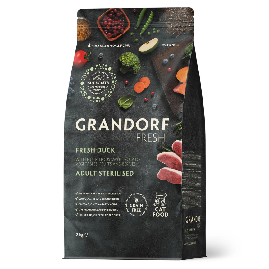 Сухой корм Grandorf Fresh Cat для стерилизованных кошек диетическая формула для особо аллергичных кошек утка с бататом 2 кг фото 1