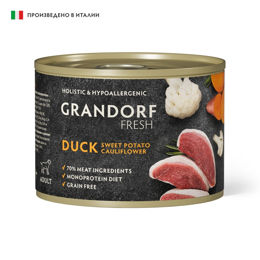 Влажный корм консервы Grandorf Fresh Duck & Sweet Potato & Cauliflower для собак паштет из утки, с бататом и цветной капустой, 200 г фото 1