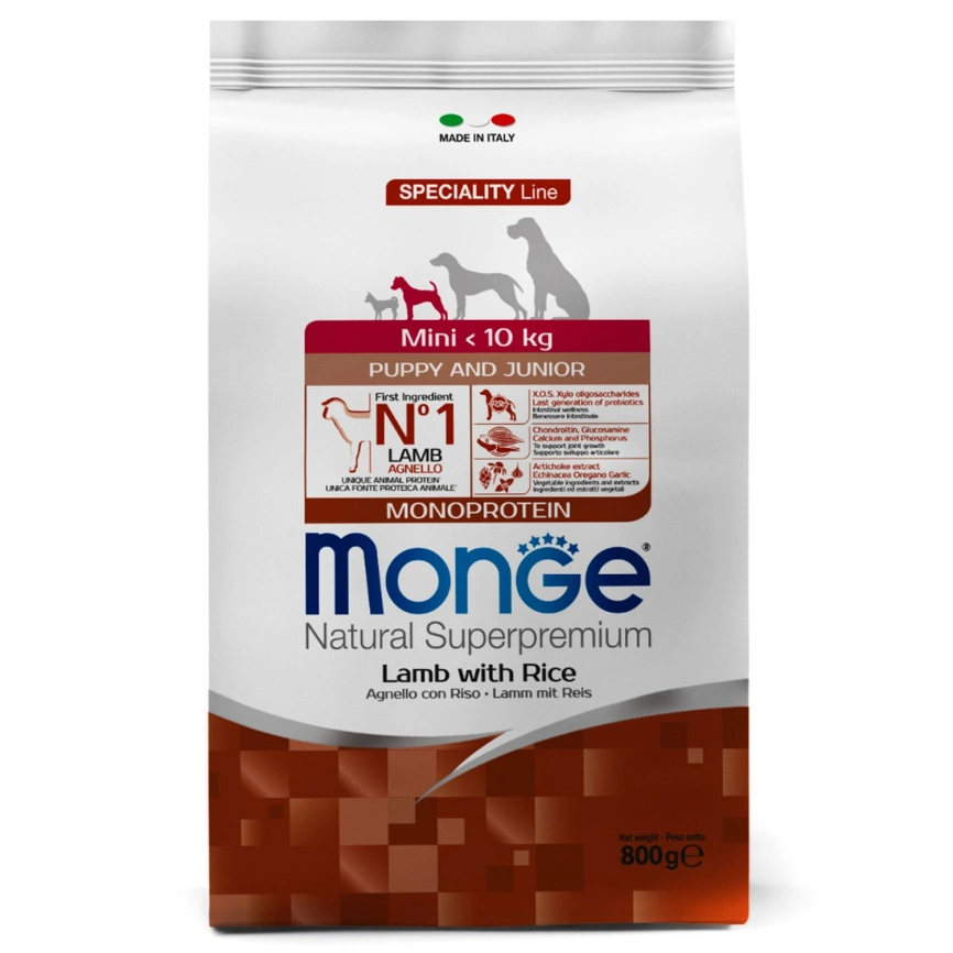 Сухой корм Monge Dog Speciality Line Monoprotein Mini Lamb &amp;amp; Rice для щенков мелких пород с мясом ягненка и рисом, 800 г фото 1