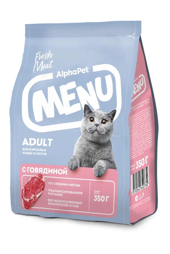 Сухой корм ALPHAPET MENU Beef для взрослых кошек и котов, с говядиной, 350 г фото 1