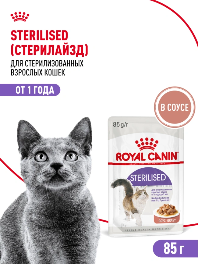 Влажный корм Royal Canin Sterilised в соусе для стерилизованных кошек старше 1 года, пауч, 85 г фото 17