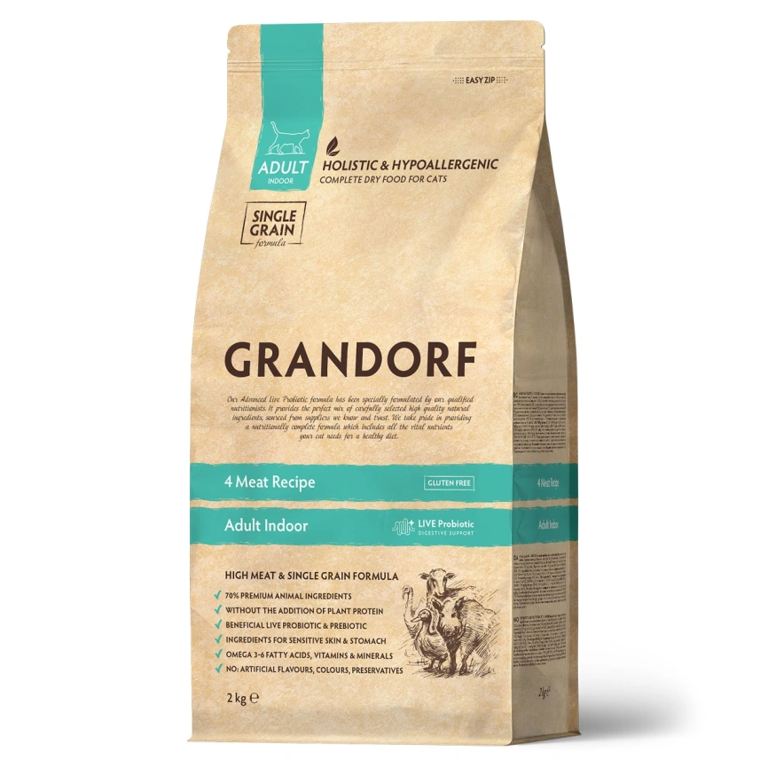 Сухой корм Grandorf 4 Meat Probiotic Indoor Четыре вида мяса для домашних кошек, 2 кг фото 1