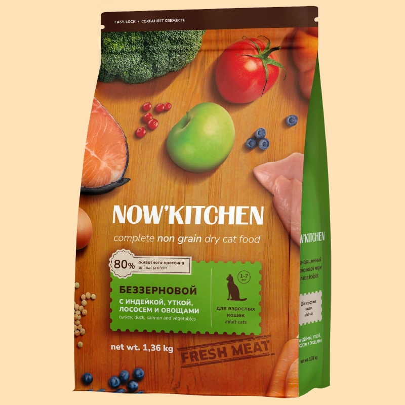 Сухой корм NOW'KITCHEN Fresh Adult для взрослых кошек со свежей индейкой,уткой,лососем и овощами, 1.36 кг фото 1