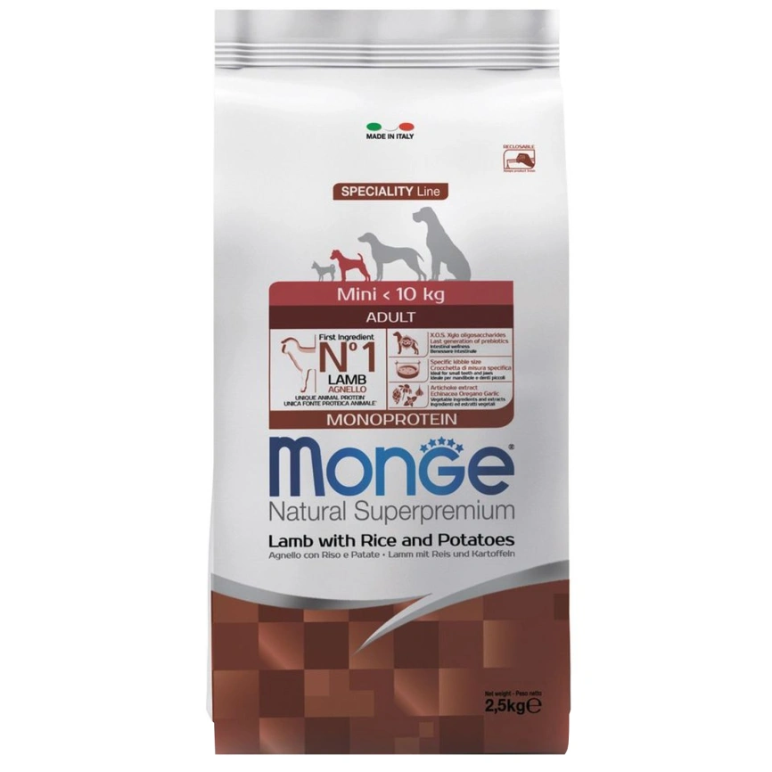 Сухой корм Monge Dog Speciality Line Monoprotein Mini Lamb &amp;amp; Rice &amp;amp; Potato для взрослых собак мелких пород с мясом ягненка, рисом и картофелем, 7,5 кг фото 1