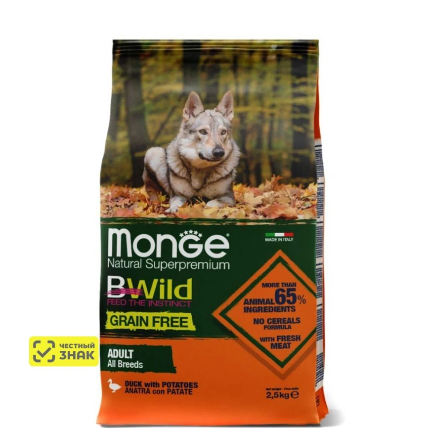 Сухой корм Monge Dog BWild GRAIN FREE Duck &amp;amp; Potato для взрослых собак с уткой и картофелем, 2,5 кг фото 1