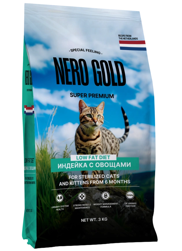 Сухой корм NERO GOLD Sterilised для стерилизованных кошек и котят с мясом индейки и овощами, 3 кг фото 1