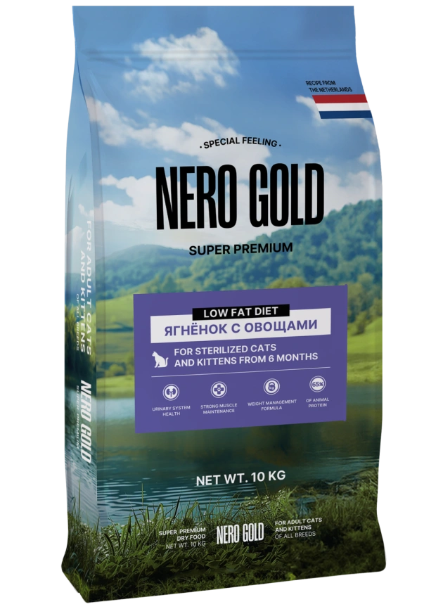 Сухой корм NERO GOLD Sterilised для стерилизованных кошек и котят с мясом ягненка и овощами, 10 кг фото 1