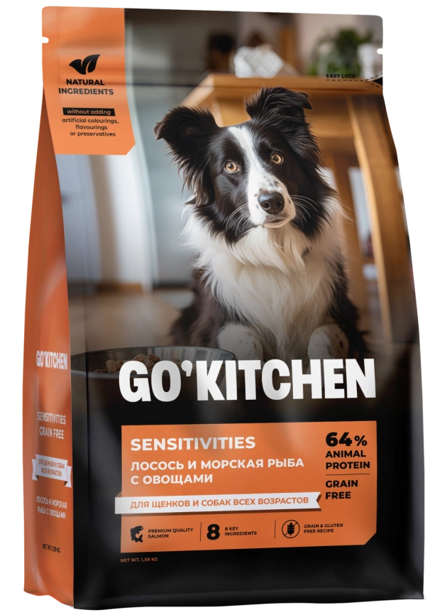 Сухой корм GO'KITCHEN для щенков и собак всех возрастов для чувствительного пищеварения с лососем и морской рыбой, 1.59 кг фото 2
