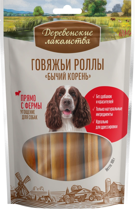 Лакомство «Деревенские лакомства» говяжьи роллы бычий корень, 12 сантиметров для собак, 100 г фото 1