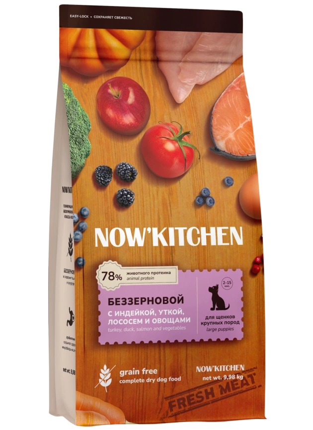 Сухой корм NOW'KITCHEN Fresh Large Puppy для щенков крупных пород со свежей индейкой,уткой,лососем, 9.98 кг фото 1