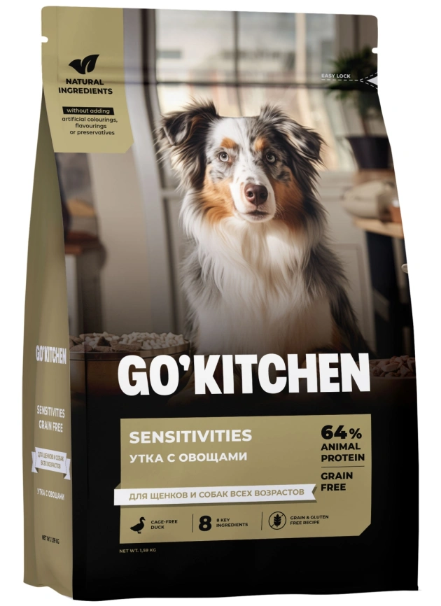 Сухой корм GO'KITCHEN для щенков и собак всех возрастов для чувствительного пищеварения с уткой, 1.59 кг фото 3