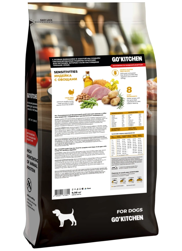 Сухой корм GO'KITCHEN для щенков и собак всех возрастов для чувствительного пищеварения с индейкой, 9.98 кг фото 1