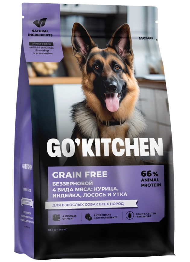 Сухой корм Go'Kitchen для взрослых собак всех пород, с курицей, индейкой, лососем и уткой, 400 г фото 1