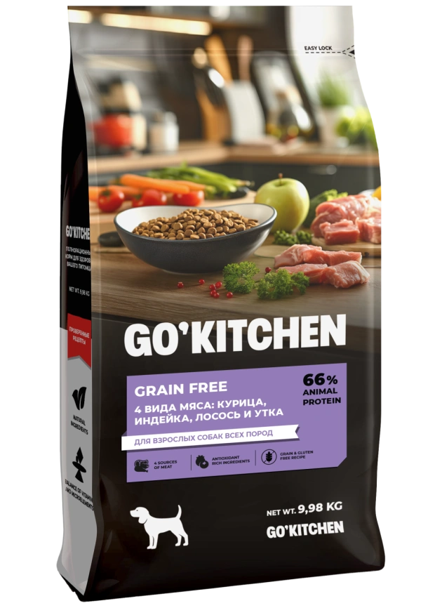 Сухой корм GO'KITCHEN для взрослых собак всех пород с курицей. индейкой, лососем и уткой, 9.88 кг фото 4