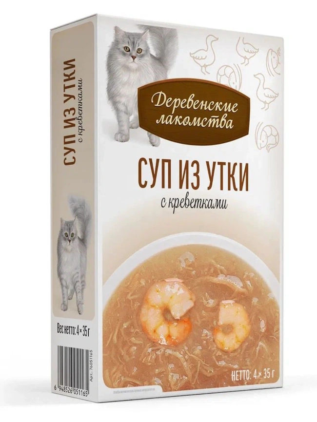 Влажный корм «Деревенские лакомства» суп из утки с креветкой для кошек,140 г фото 1