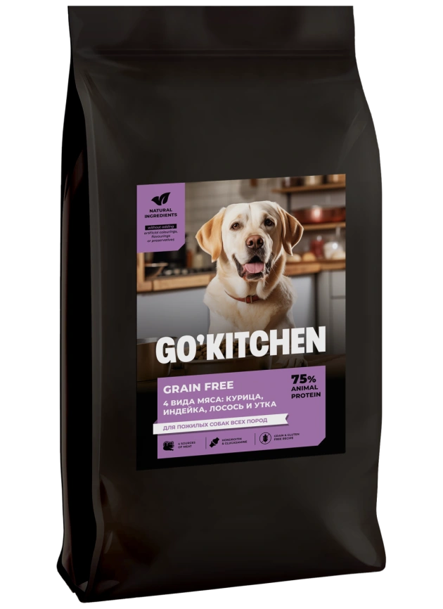 Сухой корм GO'KITCHEN для пожилых собак всех пород с курицей, индейкой, лососем и уткой, 9.98 кг фото 3