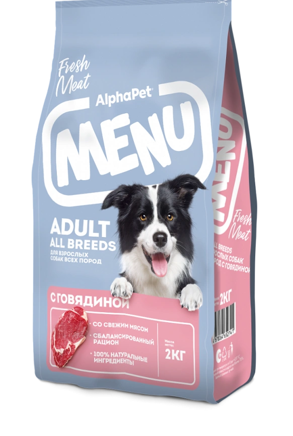 Сухой корм ALPHAPET MENU Beef для взрослых собак всех пород, с говядиной, 2 кг фото 1